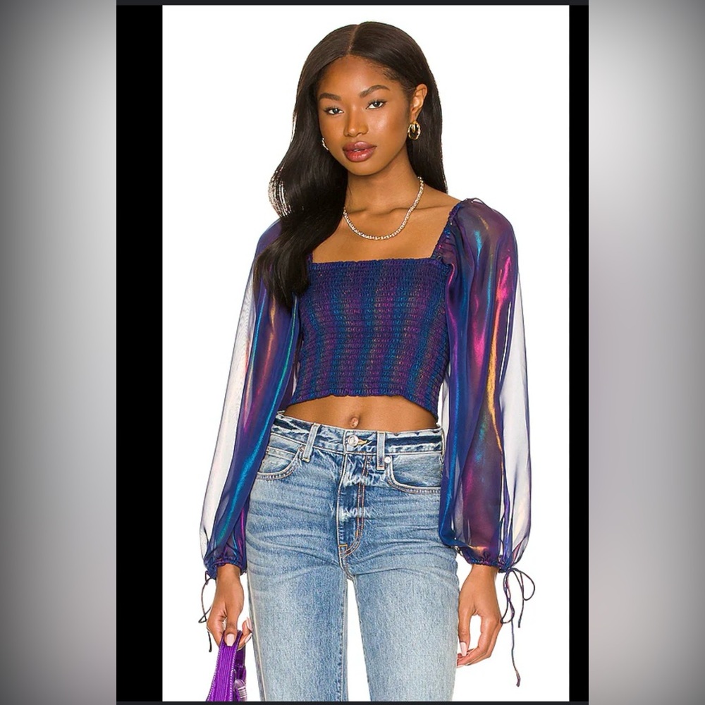 Amanda Uprichard Navy Iridescent Blouse with Sheer Sleeves